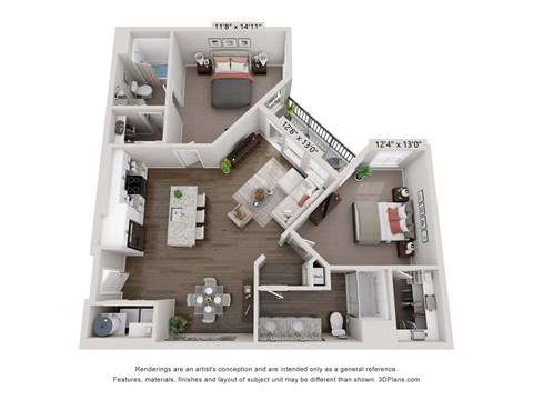 Floor plan for 2 beds, 2 baths, 1031 sqft